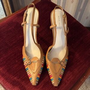Nine West Strappy Tan Heels with Multicolored Stripes